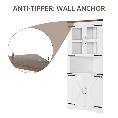GAOMON Farmhouse Corner Cabinet, Tall Corner Storage with Glass Door & Adjustable Shelves, Bathroom Cabinet with Storage for Living Room, Kitchen, Bathroom, White