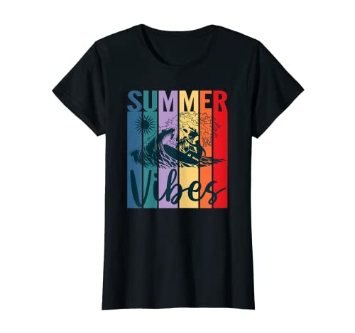 Donna ESTIVO VIBES Retro Vintage Surfer Oceano Onda Sole Spiaggia Amante Maglietta