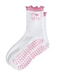 Puedizux Women Cute Pilates Socks Grip Crew Yoga Socks Ruffle Cuff Embroidery Pattern Workout Ballet Socks