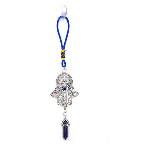 LUCKBOOSTIUM Ornate Hamsa Hand Protection Amulet- Car Mirror Hanging Accessories- Evil Eye Hanging Ornament- Hamsa Hand with Evil Eye- Home & Car Mirror Good Luck Charms- 1.8"x9", Blue Sandstone Cover