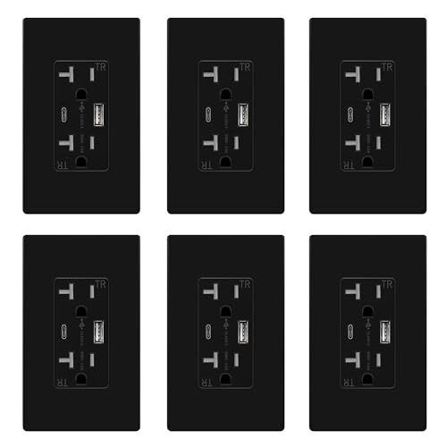TOPGREENER 2-Port USB Outlet 4.2A Type C USB Wall Outlet 20 Amp TR Receptacle Plug Charging Power Outlet with USB Ports Wall Plate Included UL Listed TU22036AC-BK-6PCS Black 6Pack