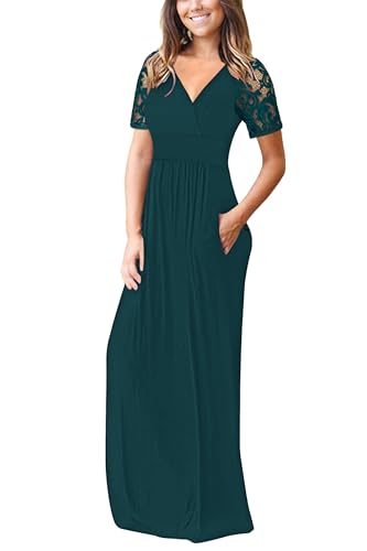 Image of AUSELILY Maxi Dresses for Women Summer Lace Short Sleeve V Neck Wrap Dress | Lace Short Sleeve, Two Pockets, V-Neck Wrap Waist Long Dress