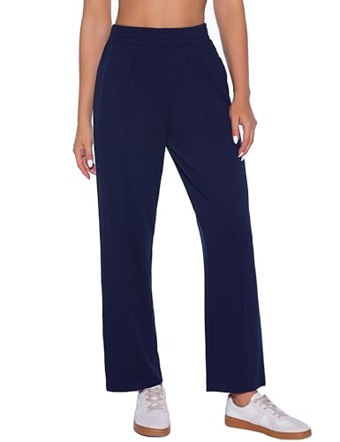 Demegimi Pantalones de Chándal para Mujer Pantalones de Yoga de Pierna Ancha Cintura Alta Pantalones Deportivos con Bolsillos Laterales para Correr Fitness Yoga Jogger Casual(Azul Marino,XL)