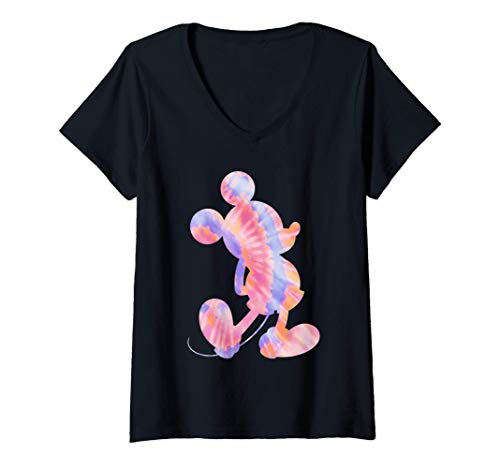 Femme Disney Mickey Mouse Silhouette 90s Tie Dye T-Shirt avec Col en V