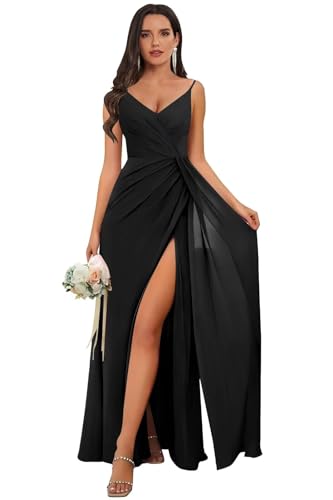 TORYEMY Chiffon V Neck Bridesmaid Dresses Long with Slit Spaghetti Straps Formal Evening Dresses for Wedding
