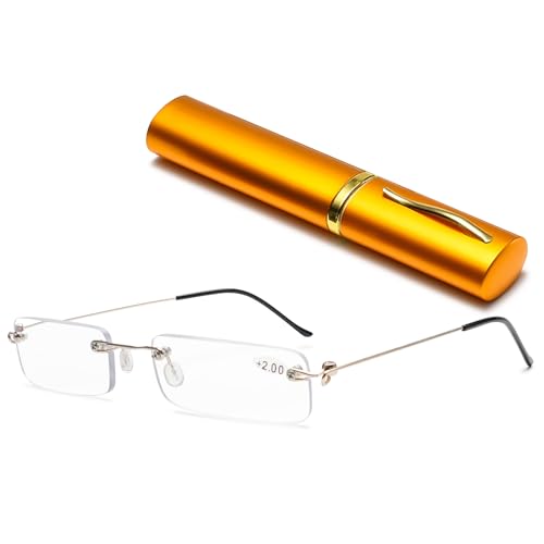 Lanomi Rimless Reading Glasses for Men Women Blue Light Blocking Readers Lightweight Slim Rectangle Anti Blue Eyewear with Metal Case Gold 1.0