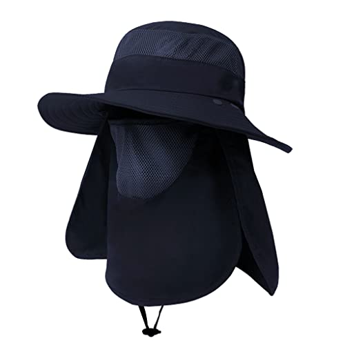 Fishing Hat Upf 50+ Sun Protection Mens Sun Hats Boonie Hat For Men Waterproof Hiking Hat Wide Brim Bucket Hat With Strings, Face & Neck Flap, Navy Blue #TOP19