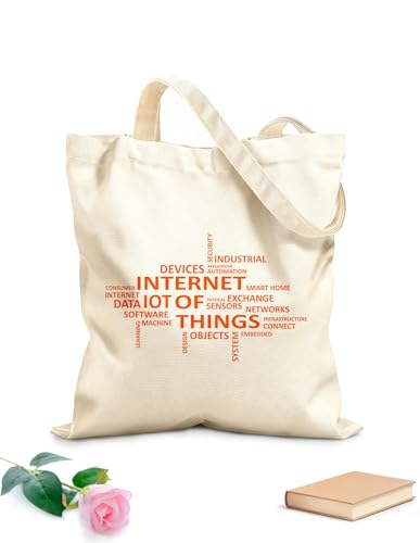 XIARON Bolsa de tela con asa plana Nube de palabras Internet de las cosas Tela de 340g/m² de grosor Reutilizable M Naranja