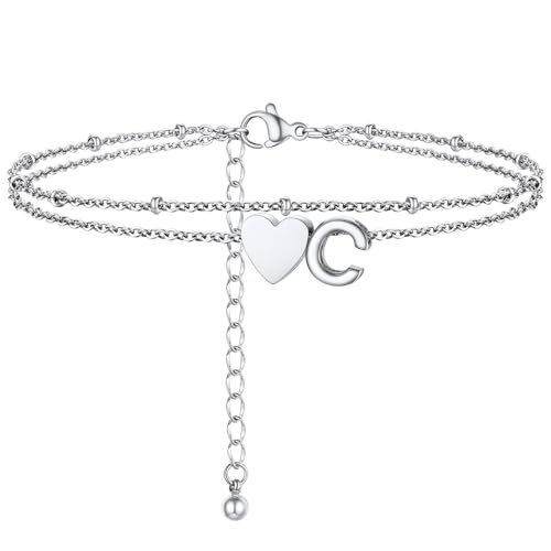 PROSTEEL-US Initial Ankle Bracelets for Women, Dainty Stainless Steel Letter A-Z Layered Anklets, Heart Ankle Bracelet 8.5"-10.5" Adjustable, Summer Beach Jewelry, Come with Box