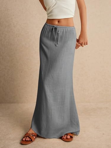 EARKOHA 2025 Women's Summer Maxi Skirt Drawstring Low Waist A Line Linen Long Flowy Skirts Grey L2