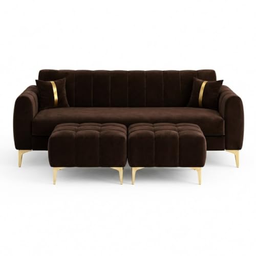 Image of Hermione 5 Seater L Shape Sofa Set with 2 Movable Ottoman | Flexible Left or Right Layout | Luxe Velvet Suede Fabric | Comfortable Seating | Modern Sofa for Living Room - Dark Brown