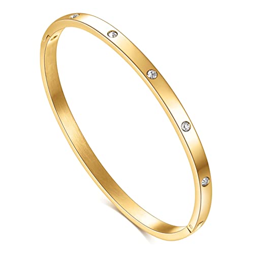 Myneney Rose Gold/Gold/Silver Titanium Stainless Steel Pave Cubic Zironia Simulate Diamond Stackable Oval Hinged Bangle Bracelet 6.5-7.5Inch (4Mm-Crystal Gold, 6.5 Inch) #TOP9