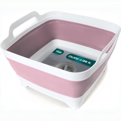Image of FOSJGO 2.4 Gal(9L) Collapsible Dish Basin with Drain Plug,Space Saving Multiuse Foldable Sink Tub,Dishpan,Kitchen Sink for Camping,Plastic Tub,Vegetable Washing,RV…