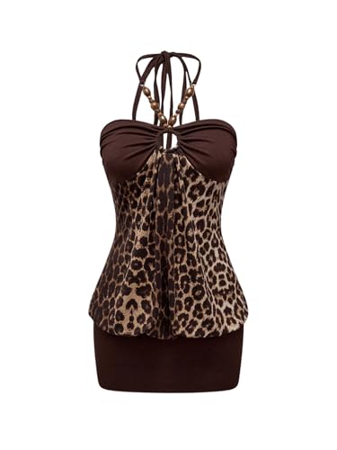 Verdusa Womens Leopard Halter Mini Dress Y2k Western Bodycon Dresses Country Concert Outfits Brown Small