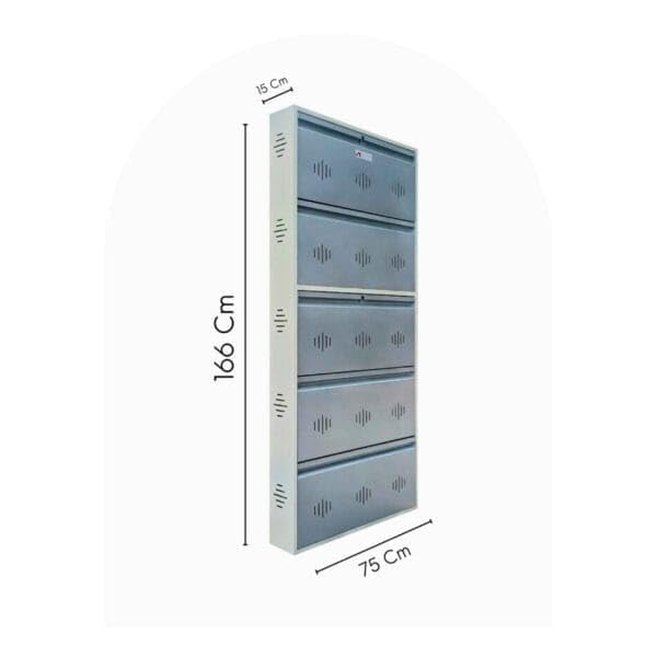 Image of StayHappy Wide Wall-Mounted and Freestanding Metal Shoe Rack Cabinet | Key Lock | Compact Design | Thick Metal Layer for Durability | Powder-Coated Steel | Crafted in Bharat. (Silver, 5 Door)