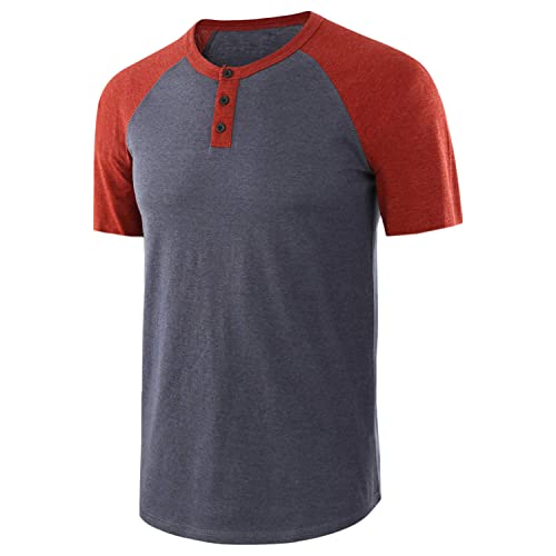 Men's Basic Crew Neck Short Sleeve Comfortable Fit Button Collar Shirt Lightweight Casual Tracksuits (Grey,Large)