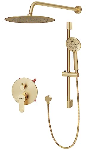 Rain Shower Head With Handheld, Shower Faucet Set With High Pressure 10" Shower Head And 5-Setting Handheld Shower, Rainfall Shower System With Valve And Diverter, Brushed Gold #TOP8