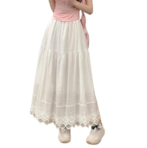 Women Solid Dot Textured Midi Skirt Elastic Waist Lace Spliced Skirts Boho Embroidery Pleated Skirts