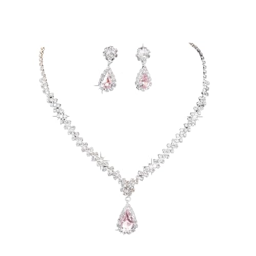 PLOUTOS Teardrop Crystal Necklace Earring Set for Women, Rhinestone V Pendant Drop Studs, Adjustable Chain, Clear/Pink/Blue Colors For Bridal Prom (Pink)