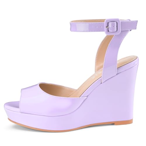 Image of Women's Dressy Platform Wedge Sandals Gold Wedges Peep Toe Patent High Heels Slingback Heeled Comfortable Ankle Strap Shoes