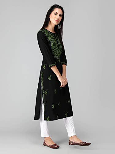 Image of Seva Chikan Hand Embroidered Lucknowi Chikankari Regular Straight Cotton Kurta Kurti for Women SCL4243