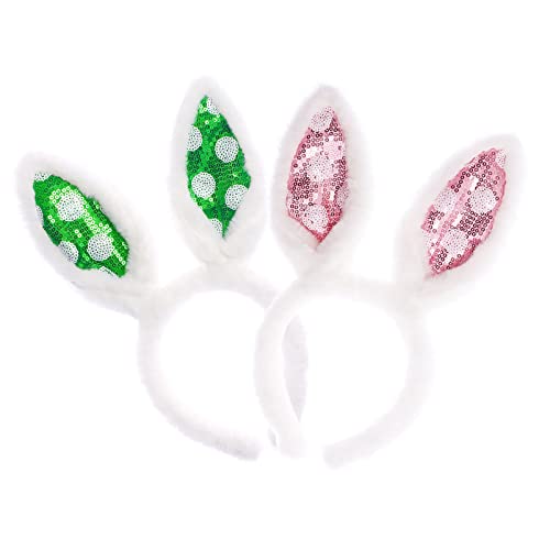 PLUSMAYI Bunny Ears Headband Set, Cute Soft Plush Christmas Rabbit Ears Headband Gift for Kids, Girls in Green and Pink