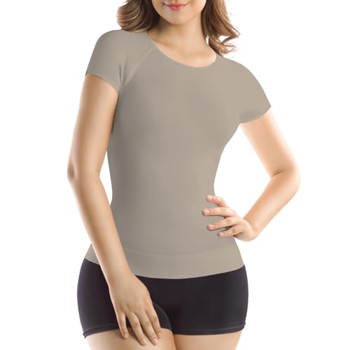 Image of +MD Women's Seamless Short Sleeve Undershirt, Light Compression Scoop Neck Tank Top, Tummy Control Basic Tee Camisole