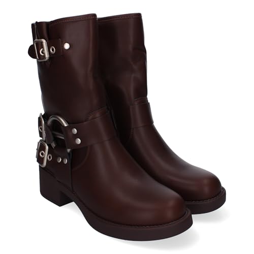 shoes&blues.es 86736 Botines Moteros para Mujer, Comodos y Elegantes, Detalles de Hebillas, Punta Redonda, Cremallera Lateral, Ideales para Otono-Invierno. Marron Talla 38