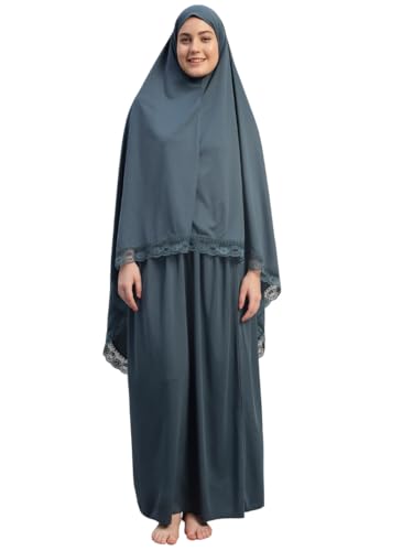 Womens Two-Piece Islamic Prayer Dress Jilbab Abaya Set Modest Prayer Outfit for Muslim Women Umrah & Ramadan Essentials ( Navy Blue )