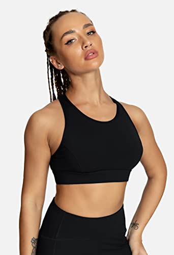 Queenieke Women's Medium Support Back Pocket Energy Sport Bra Cotton Feel Size L Color Black #TOP2