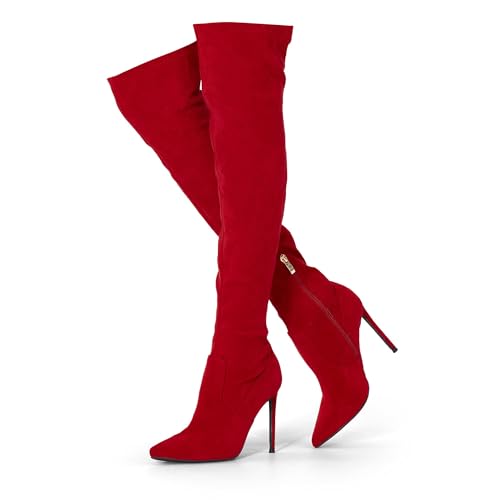 Image of GENSHUO Women's Over the Knee Boots Stiletto Pointed Toe Thigh High Heel | Stretchy Thigh High Long Boots with Side Zipper, Sexy Slim Fit Tall Heeled Boot for Club Party Evening Dress Wear