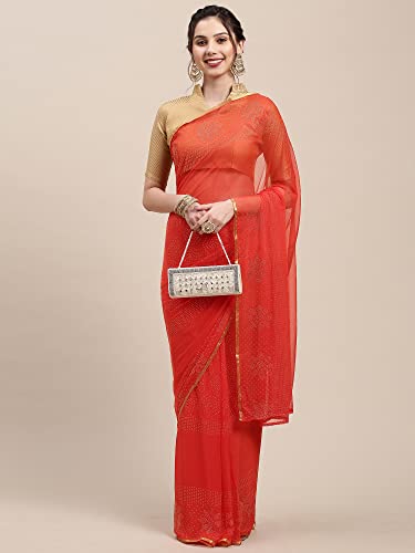 Image of AKHILAM Women's Chiffon Embellished Saree With Unstitched Blouse Piece (Orange DOLY3302)