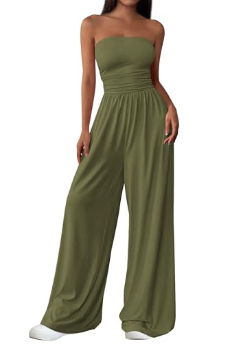 PRETTYGARDEN Womens Trendy Strapless Rompers 2026 Ruched Tube Top Wide Leg One Piece Jumpsuits Beach Vacation Summer Outfits, Army Green, Medium