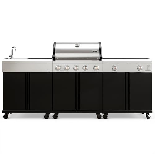 Brand-Man Outdoor Kitchen Island – 5-Burner Gas Grill & Griddle Combo with 800°C Infrared Sear Zone, Dual-Zone Cooktop, Sink & Storage, 995 sq.in Cooking Area, 67,000 BTU Stainless Steel BBQ Station