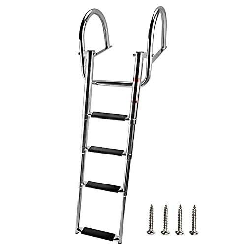 Futurup 4 Steps Pontoon Boat Ladder, Stainless Steel Folding Telescoping Rear Entry Inboard Ladder Heavy Duty Custom Swim Deck Ladder With Pedal Hand Railing Ladder #TOP2