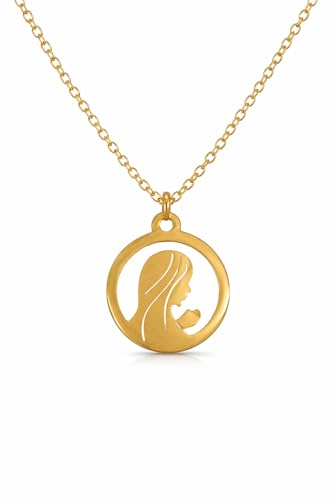 MAJALE_ Collar Virgen María Niña y Mujer en Acero Inoxidable Dorado 18K o Plateado – Medalla Redonda 15 mm – Cadena 40 + 5 cm Ajustable – Colgante Católico Moderno y Elegante (Oro)