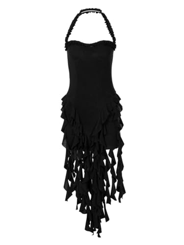 Image of Women's Sexy Fringe Ruffle Halter Neck Off Shoulder Bodycon Blackless Ruched Tassel Hem Mini Flowy Dress