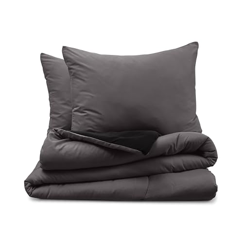 Image of Martex 3-Piece Reversible Comforter Set, Full /Queen, Graphite /Ebony | Versatile Room Decor, Lightweight, Durable Bedding, Machine Washable, Super Soft
