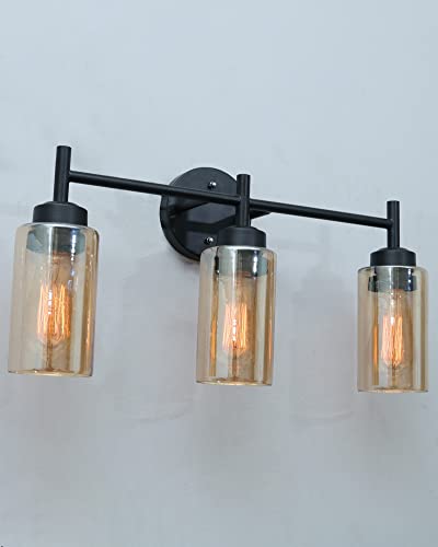 Image of Homesake Black Wall Sconce,Modern Bathroom Wall Light Fixtures 3-Light Bathrooms Vanity Light, Bathroom Lights Over Mirror, Farmhouse Glass (Amber)