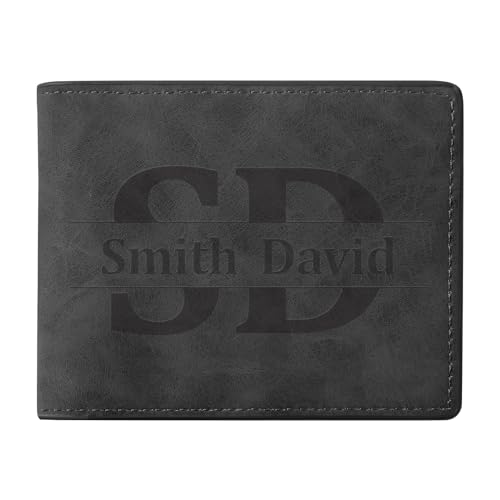 Personalized Wallet for Men PU Leather Custom Wallet Engraved Name & Initial Gifts for Dad Husband Wallet Valentines Day Gifts for Him（Black,Middle-2）