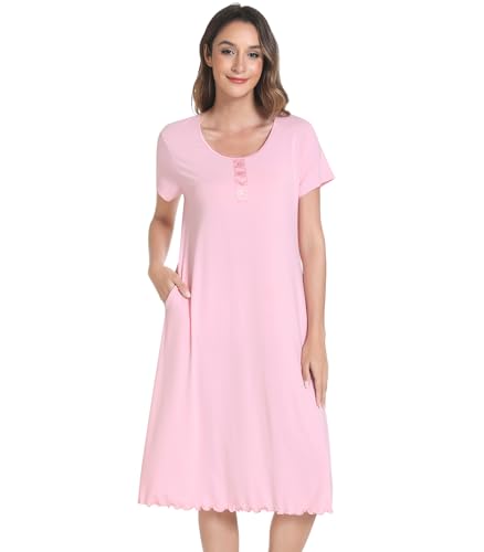 Image of NACHILA Bamboo Viscose Nightgown for Women Short Sleeve Crew Neck Sleepwear