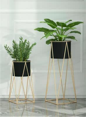 Image of AMASS HANDICRAFTS Planters for Indoor Plants Metal Planters with Stands & Indoor Plant Pots for Indoor Plants & Mid Century Plant Stands with Pots & Plant Pots Indoor Planter Set of 2 (Black)