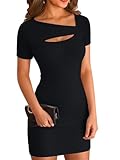 VICHYIE Dresses for Women Summer Short Sleeve Cutout Sexy Ribbed Slim Fitted Casual One Piece Bodycon Mini Pencil Dress Black M