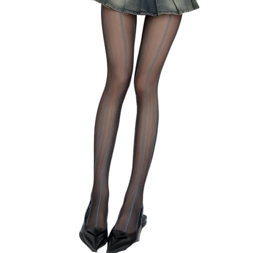 YCHUCH Collants transparents tendance pour femme - Vintage - Tissage blé - Collants amincissants à rayures verticales - Taille haute - Imprimé jacquard, Noir , S-XXL