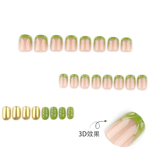 Image of Green Press on Nails French Tip Fake Nails Chrome Glue on Nail Water Ripple False Nail with Design Glossy Full Cover Artificial Acrylic Short Square Stick on Nails for Women Girls Manicure 24Pcs