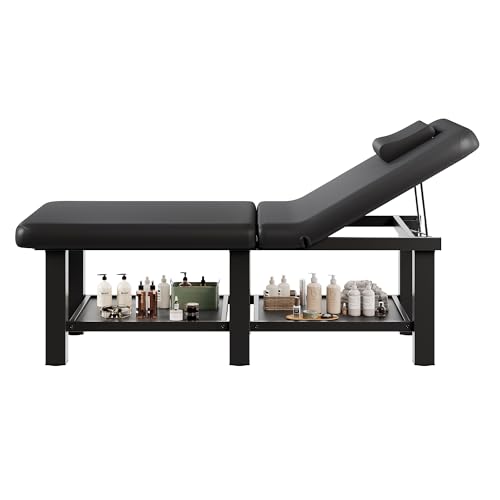 30.5'' Wide × 75'' Long Folding Stationary Massage Table with Backrest and Storage Space for Treatment Table Physical Therapy Table Spa Facial Bed, 6 Square legs, Metal Frame PU Leather - Black