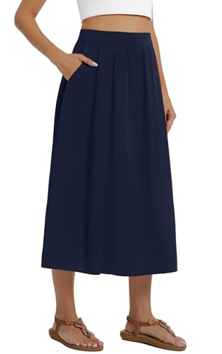 DouBCQ Long Midi Skirt for Women Summer Pleated A Line High Waisted Flared Skirts with Pockets3