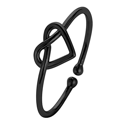 Women Heart Open Ring Adjustable Engagement Rings Twist Minimalist Bridal Wedding Band Proposal Rings (Black, One Size)