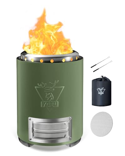 YEFU Tabletop Fire Pit 9.7 x 7.1 in, Flame Intensity Control Camping Stove for Outdoor & Patio, Fueled by Pellets or Wood, Safe Burning Table Top Firepit, with Travel Bag & 2 Mini Sticks, Green