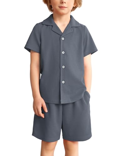 Image of Arshiner Boys 2 Pieces Summer Beach Outfits Short Sleeve Button Down Shirts and Shorts Vacation Texture Sets for Kids